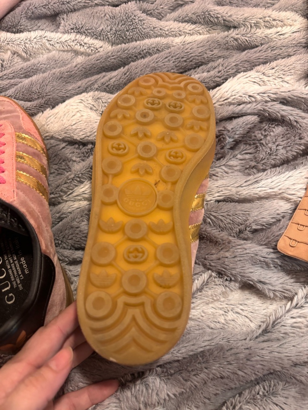 adidas gucci Pink Suede Sneakers with Gold Stripes ! so cute only worn once. - Picture 7 of 11